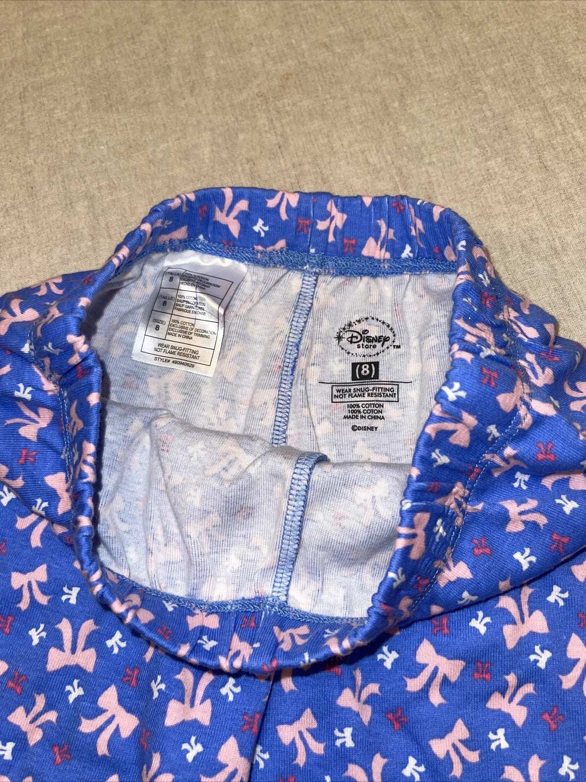 Disney Long Pajama Set Top And Bottoms Princess  Bows size 8