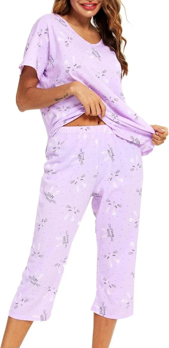 girls Pajama Sets Cotton Summer Pjs Tops with Capri Pants Sleepwear Large 10-12