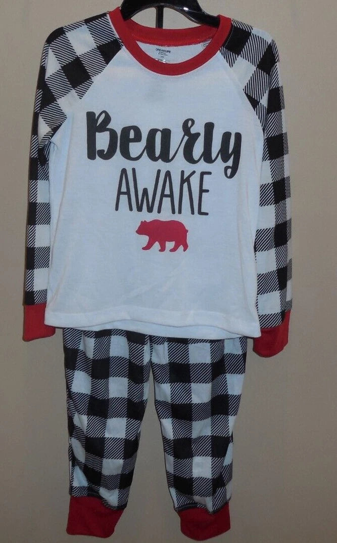 Dream Life Boys Size 4/5 Two Piece Pajama Set PJ's Black White Bearly Awake New