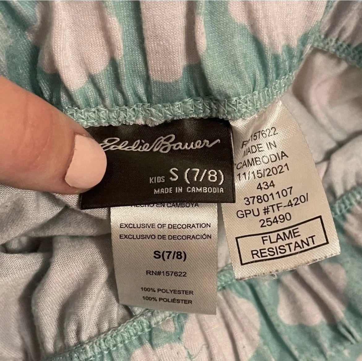Eddie Bauer 2 Piece Pajama Set Girls Small 7/8 Blue White Clouds