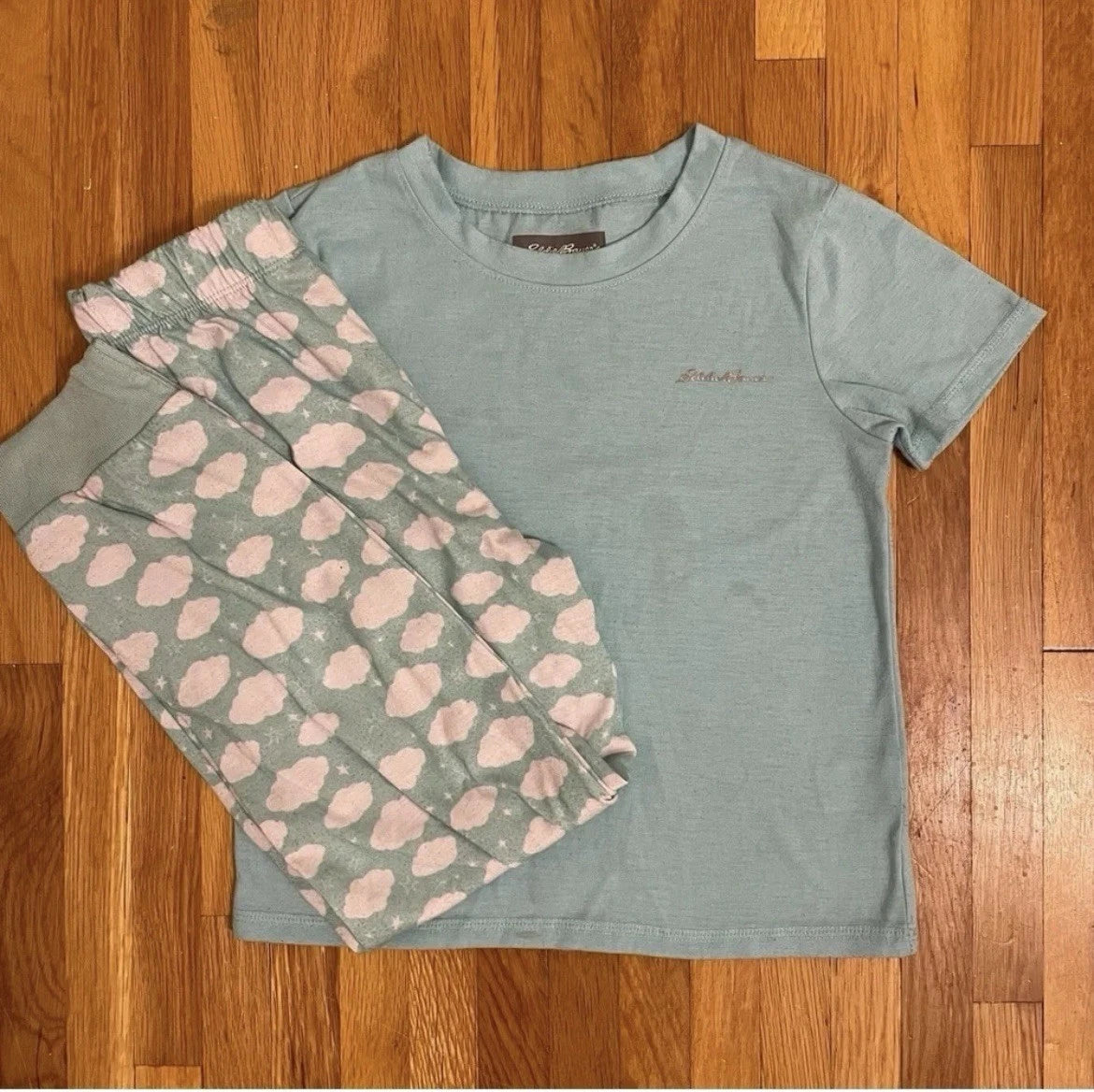 Eddie Bauer 2 Piece Pajama Set Girls Small 7/8 Blue White Clouds
