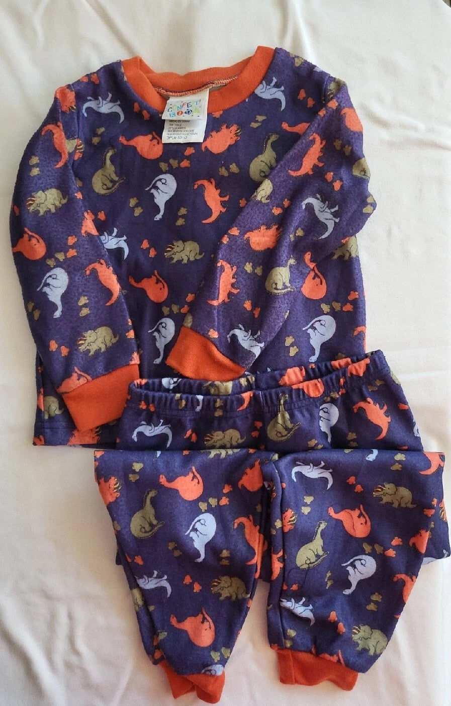 Confetti Kid Pajama 2 Piece Set Dinosaurs 3T Navy with Orange, Blue & Green Dino