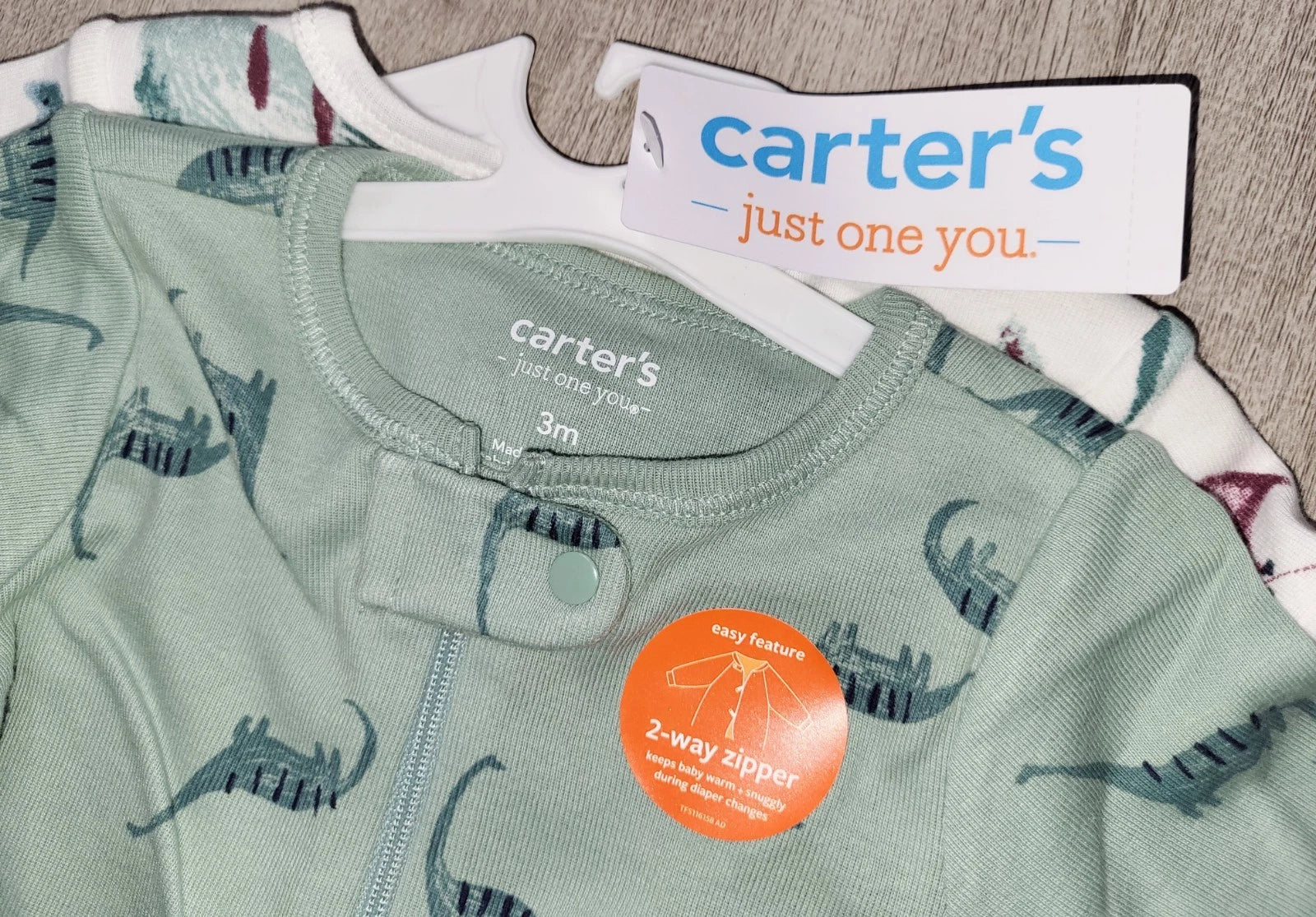 Carter's Baby Boy or Girl Dinosaur Footed 1-Piece Zip Pajamas Set of 2 - 3M NWT