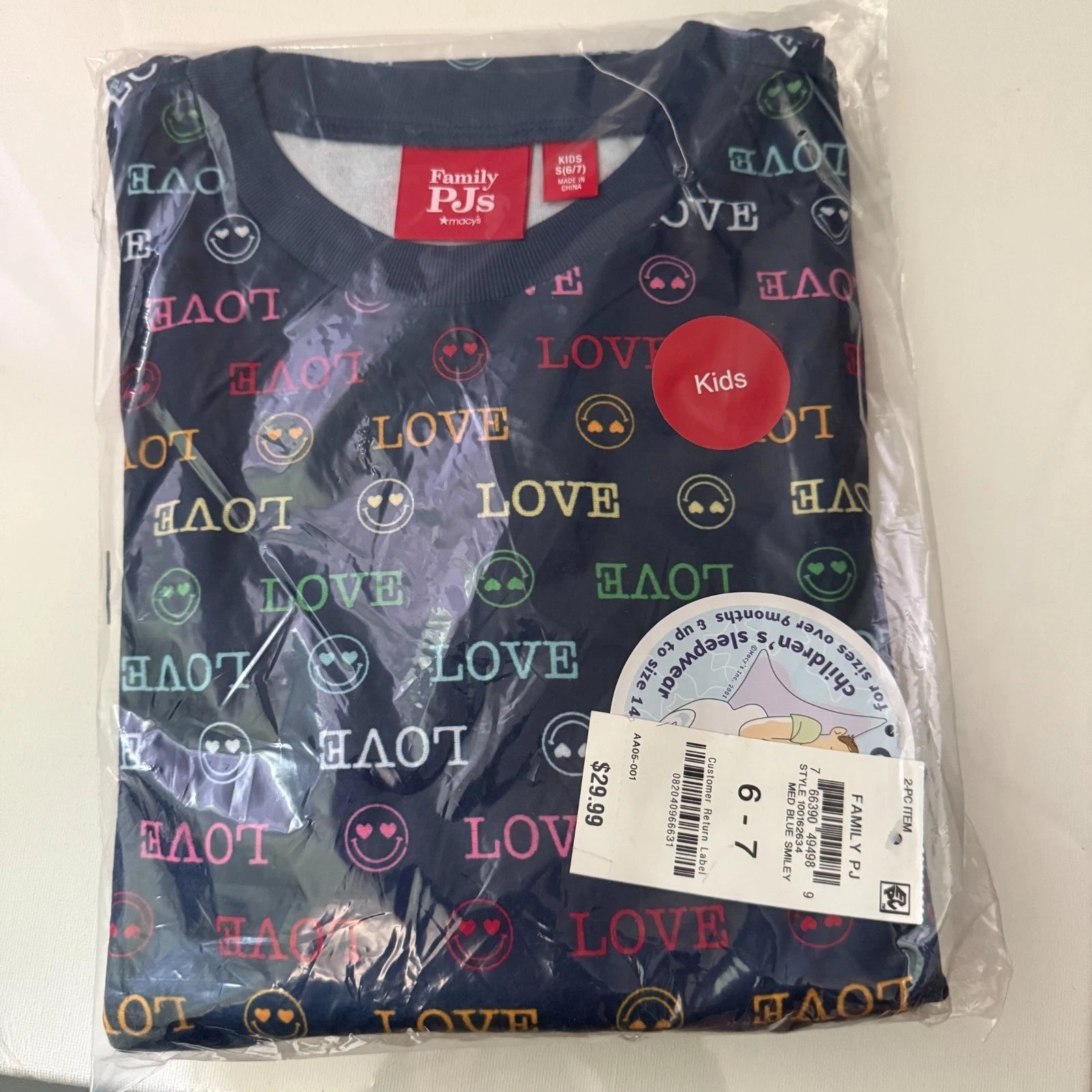 Family PJ's from Macy's Pajama Set Love Smiley Blue Kids Size 6-7