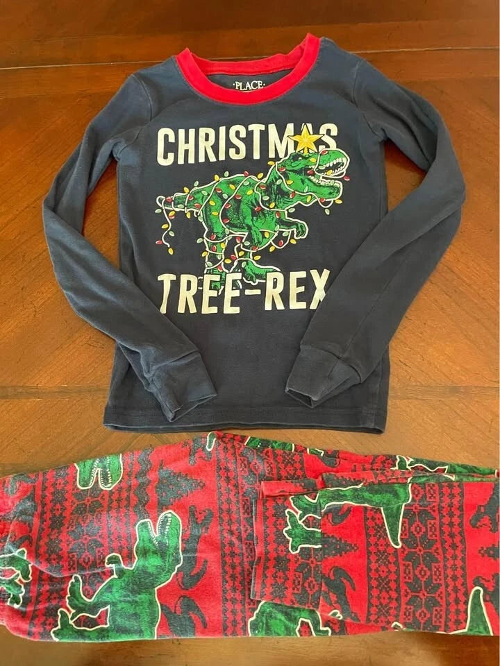 Christmas Dinosaur Tree-Rex Graphic Print PJ Pajama Top Bottom Set Boy Kid Sz 6