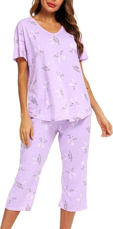 girls Pajama Sets Cotton Summer Pjs Tops with Capri Pants Sleepwear Large 10-12