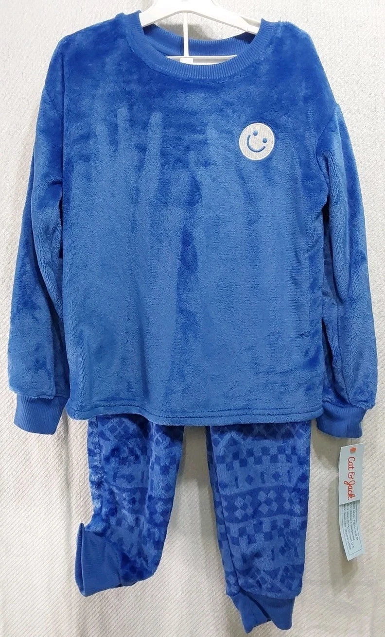 Cat & Jack S (6/7) Blue 'Smiley Fair Isle' Long Sleeve 2 Piece Fleece Pajama