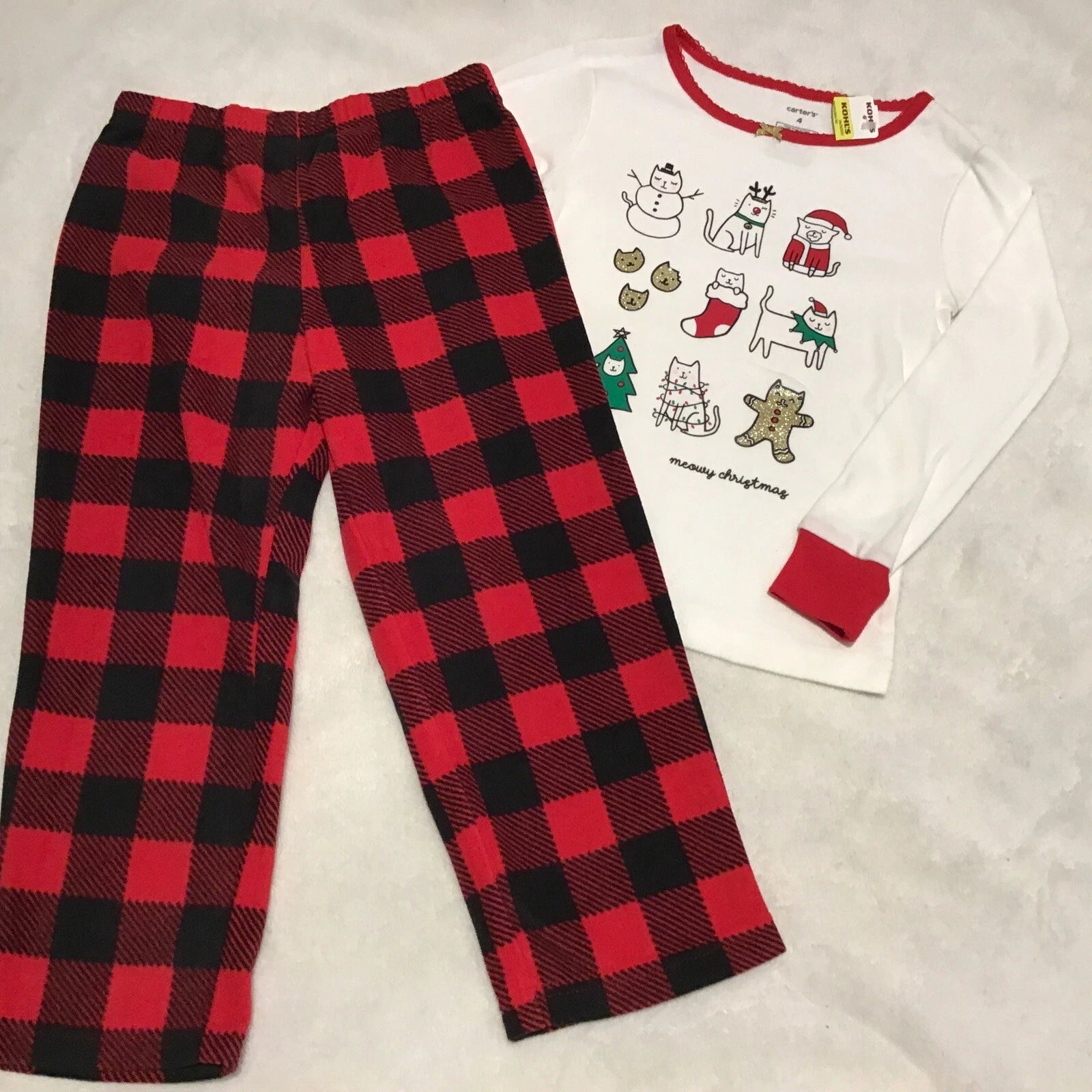 Carter’s kids sz 4 meowy Christmas buffalo check pajama set NWT