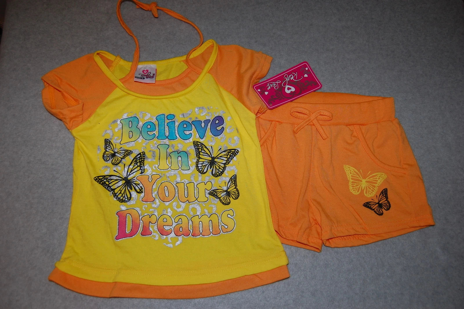 Girls Pajama Set ORANGE YELLOW Shirt Shorts BELIEVE YOUR DREAMS Butterfly SIZE 4