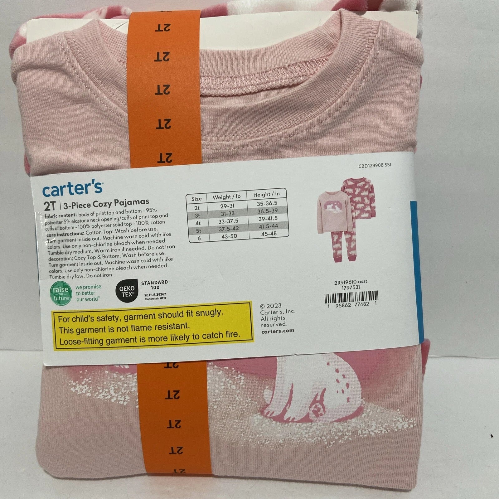 Carter’s 2T 3 Piece Pajama Set Pink Polar Bears Comfy Soft Elastic Waistband