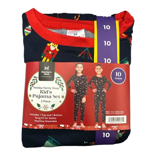 Member's Mark Pajama Set Unisex Kid's Navy Ornaments Size 4 Two Piece Holiday