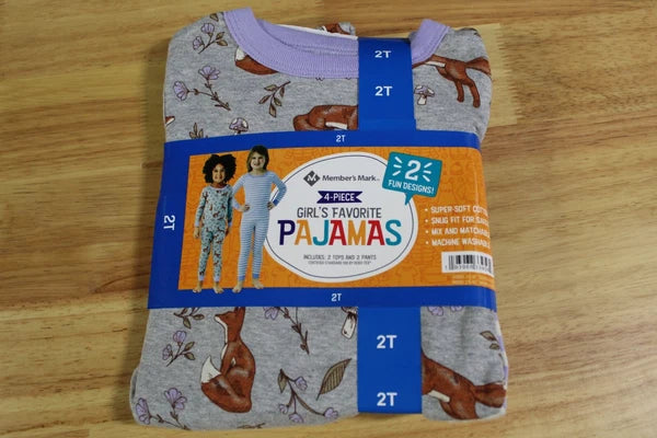 Member's Mark Girls 2 Pack Long Sleeve Pajama Set-Fox/Stripes-2T-NWT