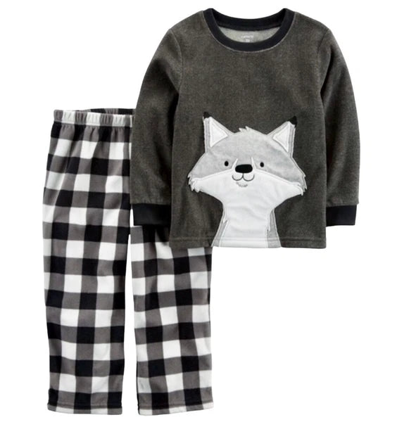 Carter’s Pajamas Boys Size 8 Fox Fleece Black White Plaid 2 Piece Set