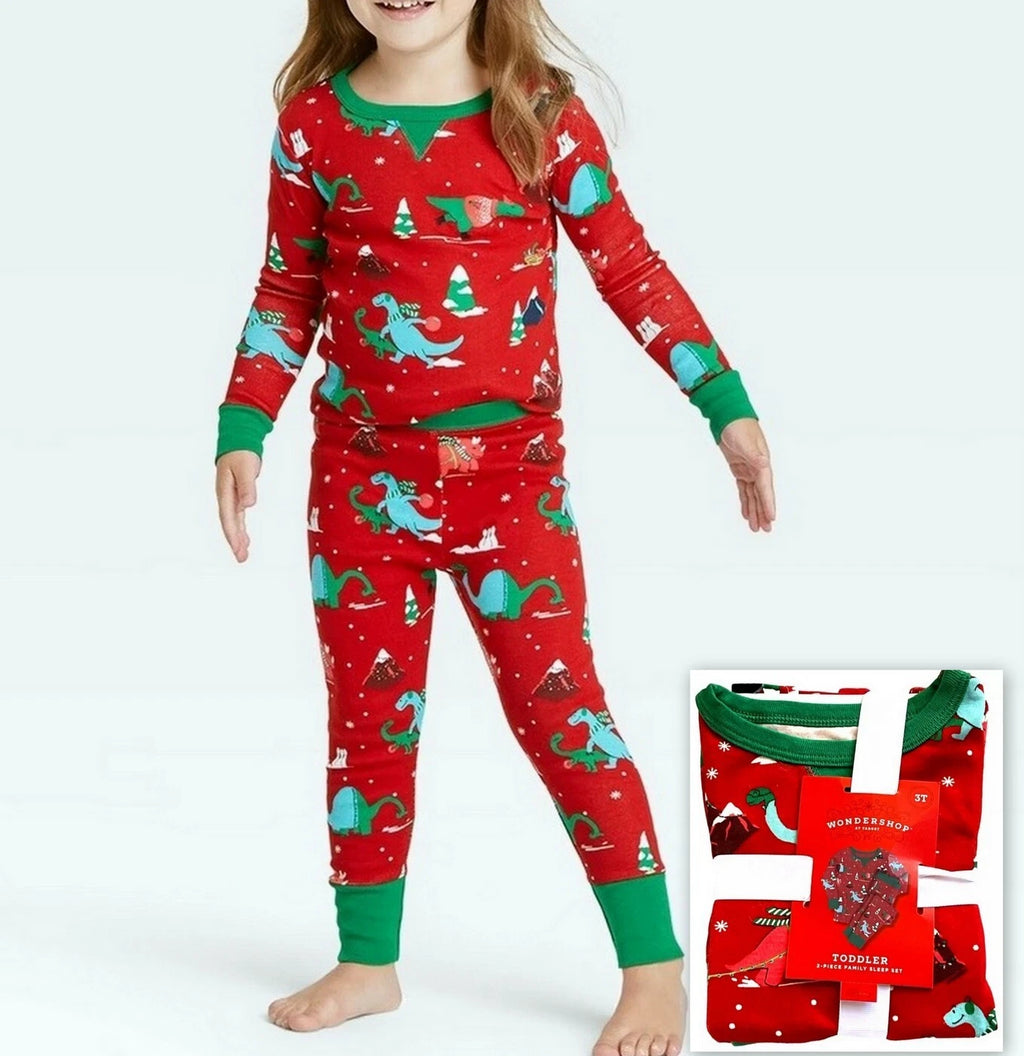Wondershop 2 Piece Sleep Set Toddler 3T Red Dino Holiday Christmas Pajama Family