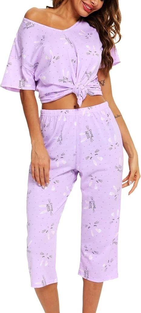 girls Pajama Sets Cotton Summer Pjs Tops with Capri Pants Sleepwear Large 10-12