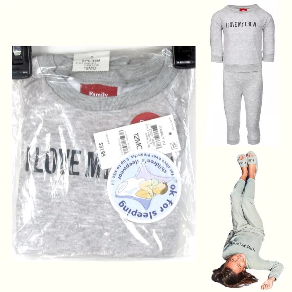 Family PJs Baby 2pc Pajama Set I Love My Crew Gray Size 12Mo New