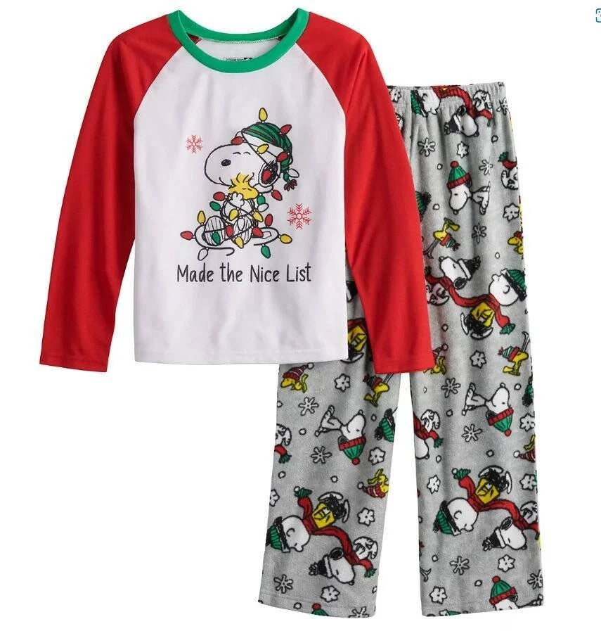 Girls Pajamas Christmas Snoopy Made The Nice List Long Sleeve 2 pc Fleece-sz 8