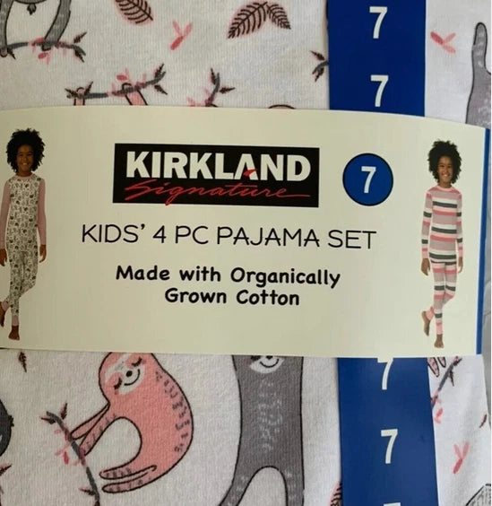 Kirkland Signature kids’ SLOTH AND STRIPE 4 Pc Pajama Set(PINKS/GRAY 6)NWT