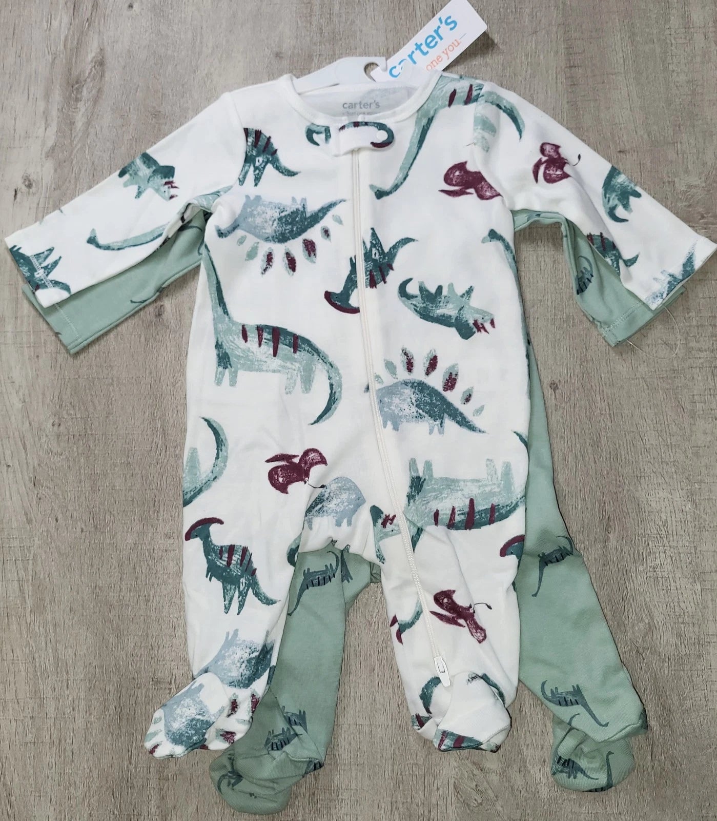 Carter's Baby Boy or Girl Dinosaur Footed 1-Piece Zip Pajamas Set of 2 - 3M NWT