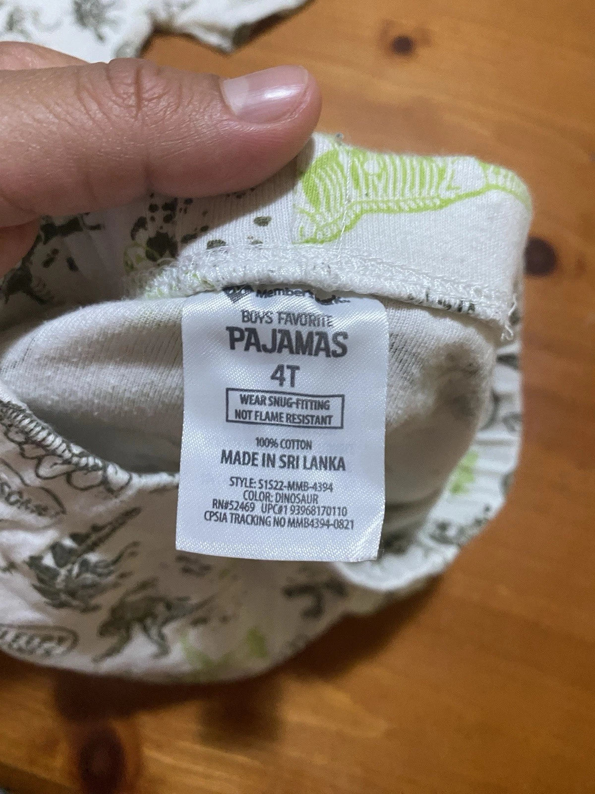 Member Mark Dinosaur Print Kids Pajamas Set - Green and White