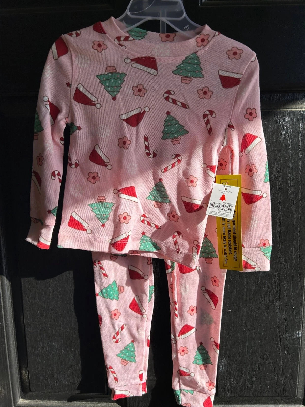 Kids Holiday Pajama Set Pink Christmas Santa Hats Trees Candy Canes Flowers 2T