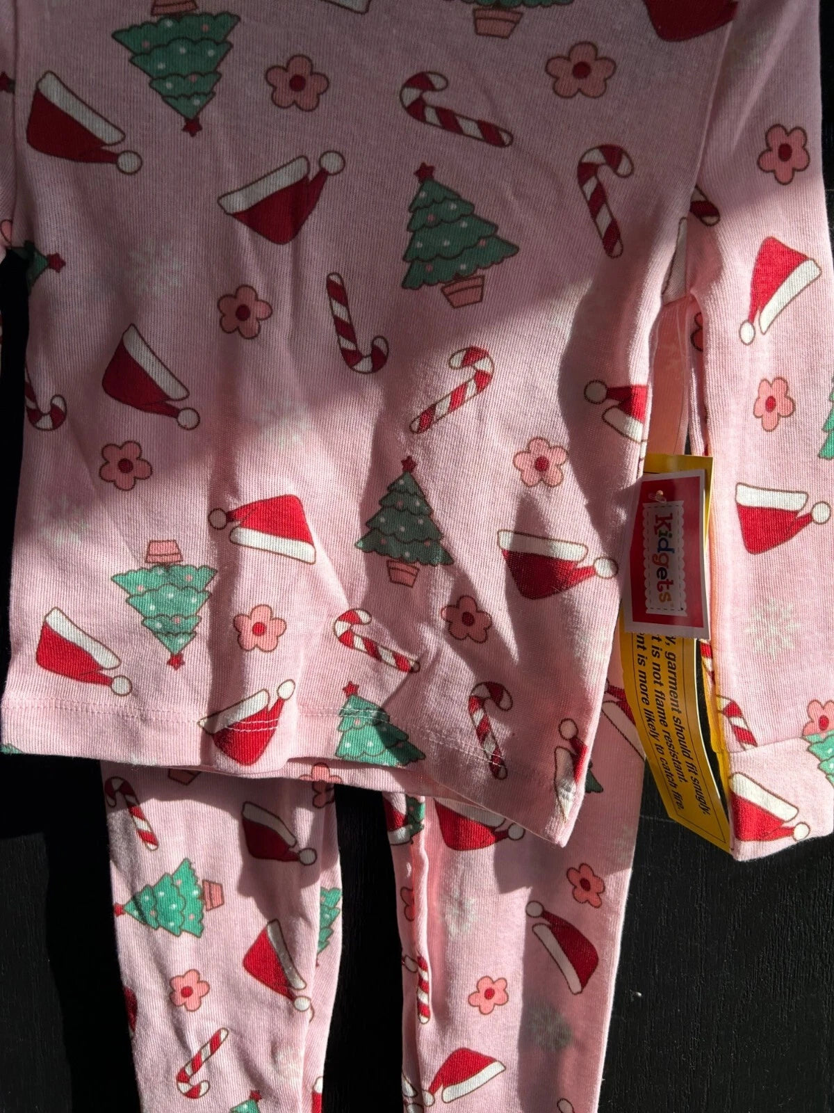 Kids Holiday Pajama Set Pink Christmas Santa Hats Trees Candy Canes Flowers 2T