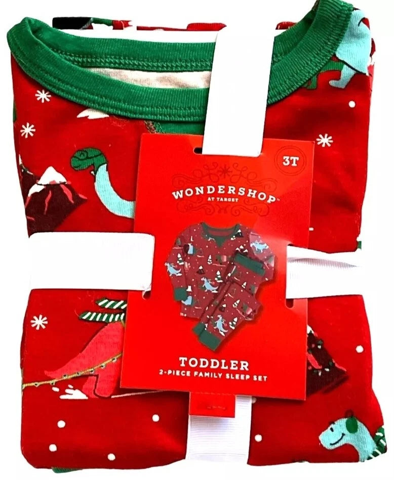 Wondershop 2 Piece Sleep Set Toddler 3T Red Dino Holiday Christmas Pajama Family