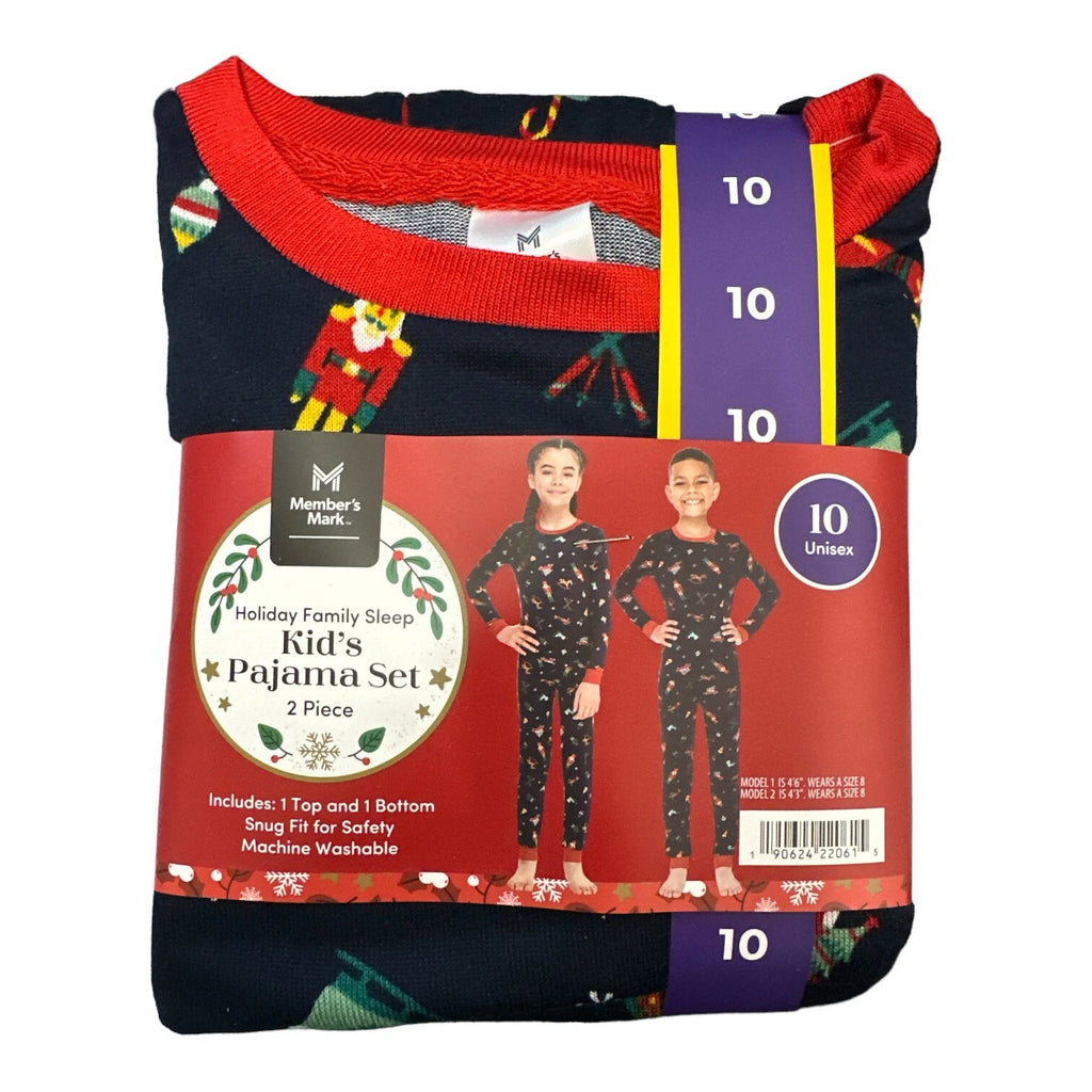 Member's Mark Pajama Set Unisex Kid's Navy Ornaments Size 4 Two Piece Holiday
