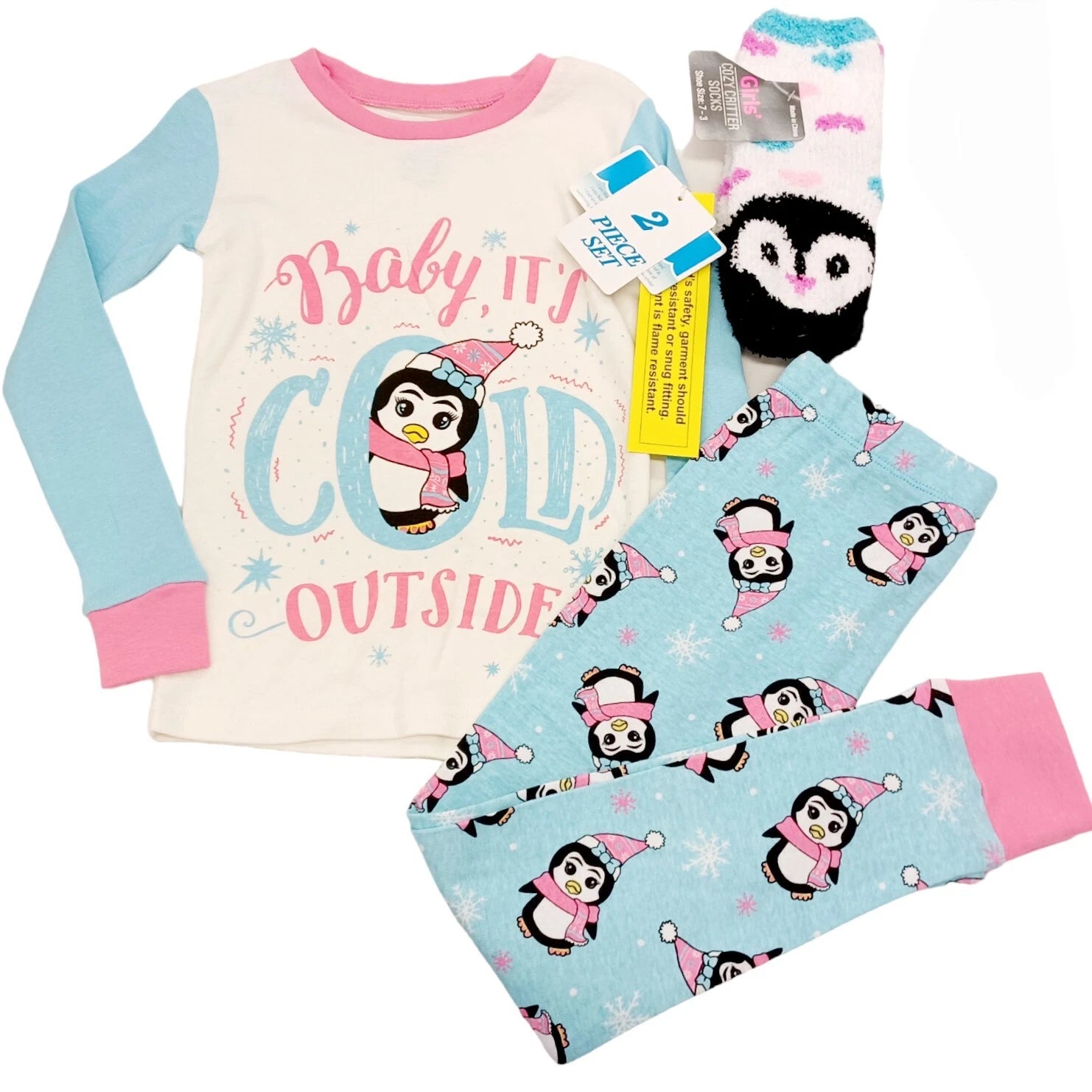 Fish Flops Girls Penguin Knit Pajama Set-5 w/Penguin Cozy Socks