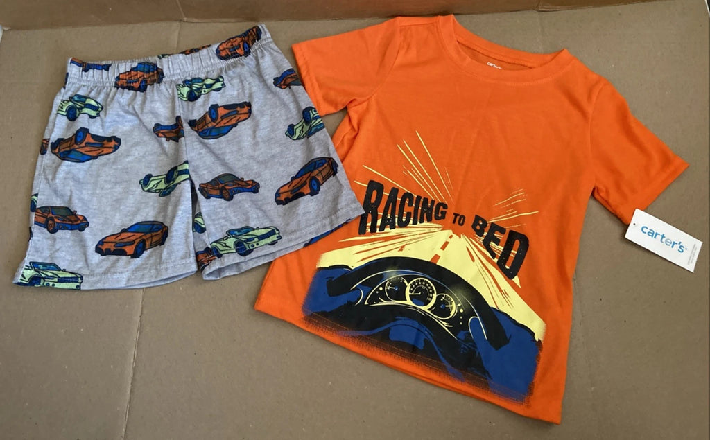 Boy's Carter's Shorts Pajama Set "Racing to Bed" Orange Size 4 *NEW* Carters