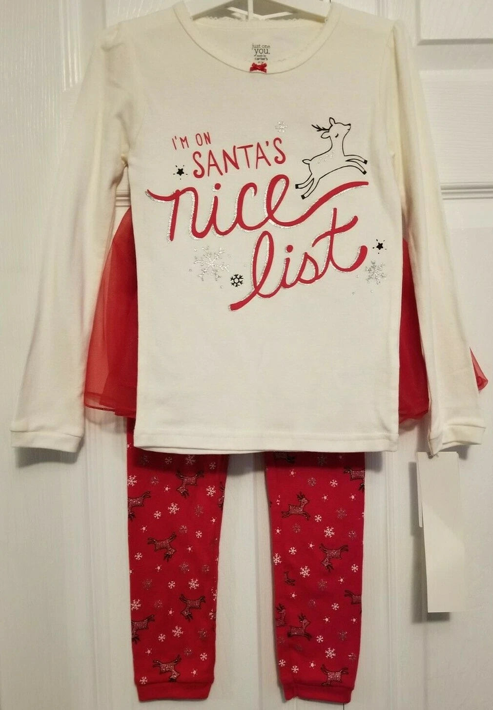 Santas Nice List Just One You Girl 3 Pc Outfit 5T Carter's Tutu Pants Pajama NEW