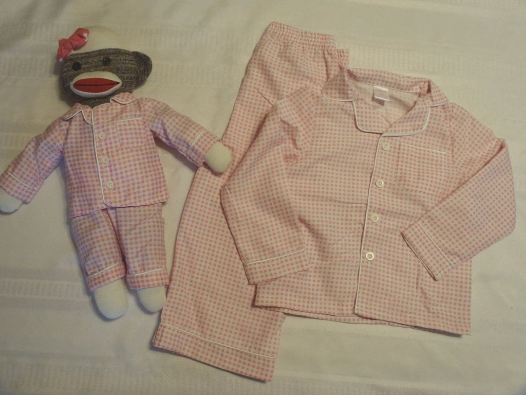 Cre8ions Pink Gingham 2T-3T Pajama set Matching Sock Monkey Toy New Sleepwear