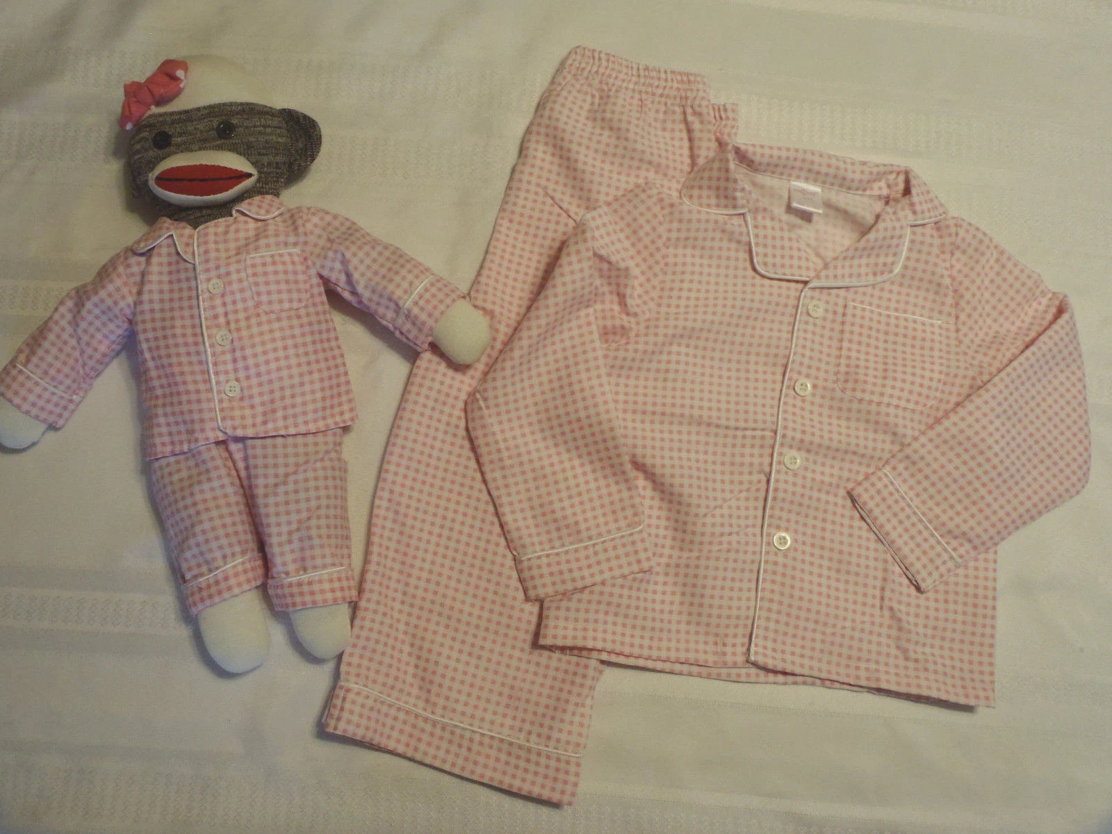 Cre8ions Pink Gingham 2T-3T Pajama set Matching Sock Monkey Toy New Sleepwear
