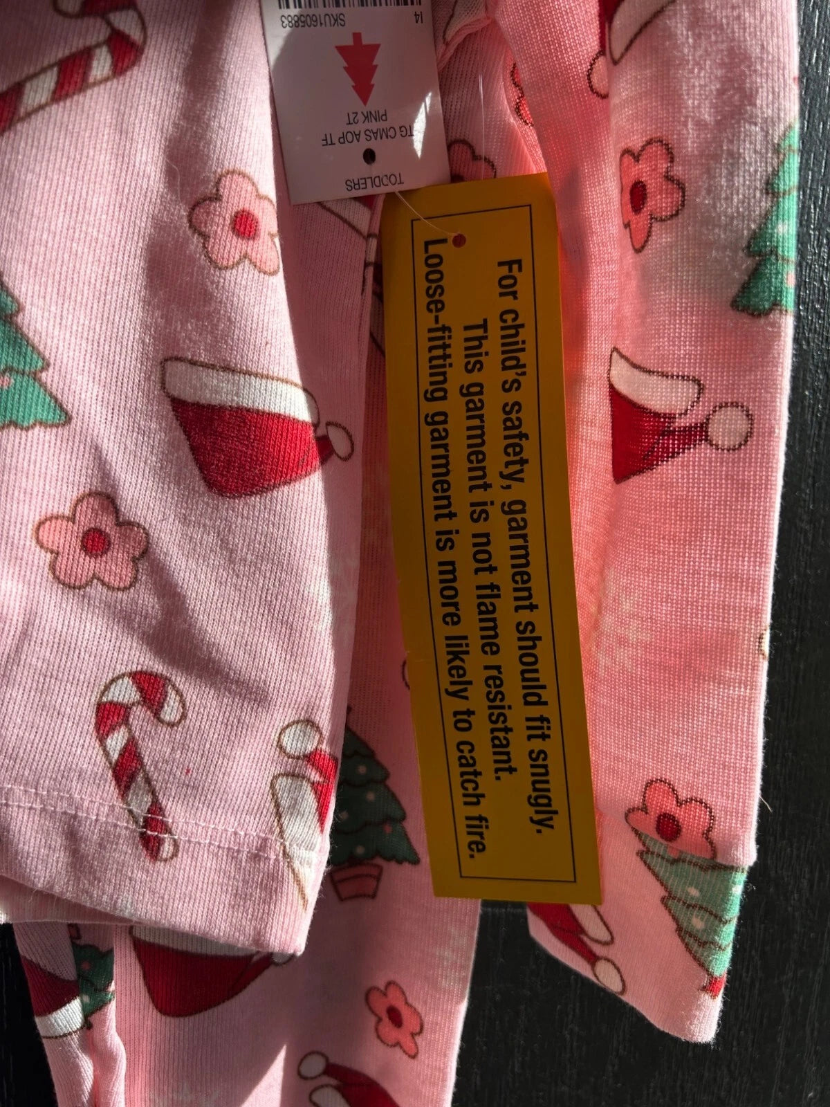 Kids Holiday Pajama Set Pink Christmas Santa Hats Trees Candy Canes Flowers 2T