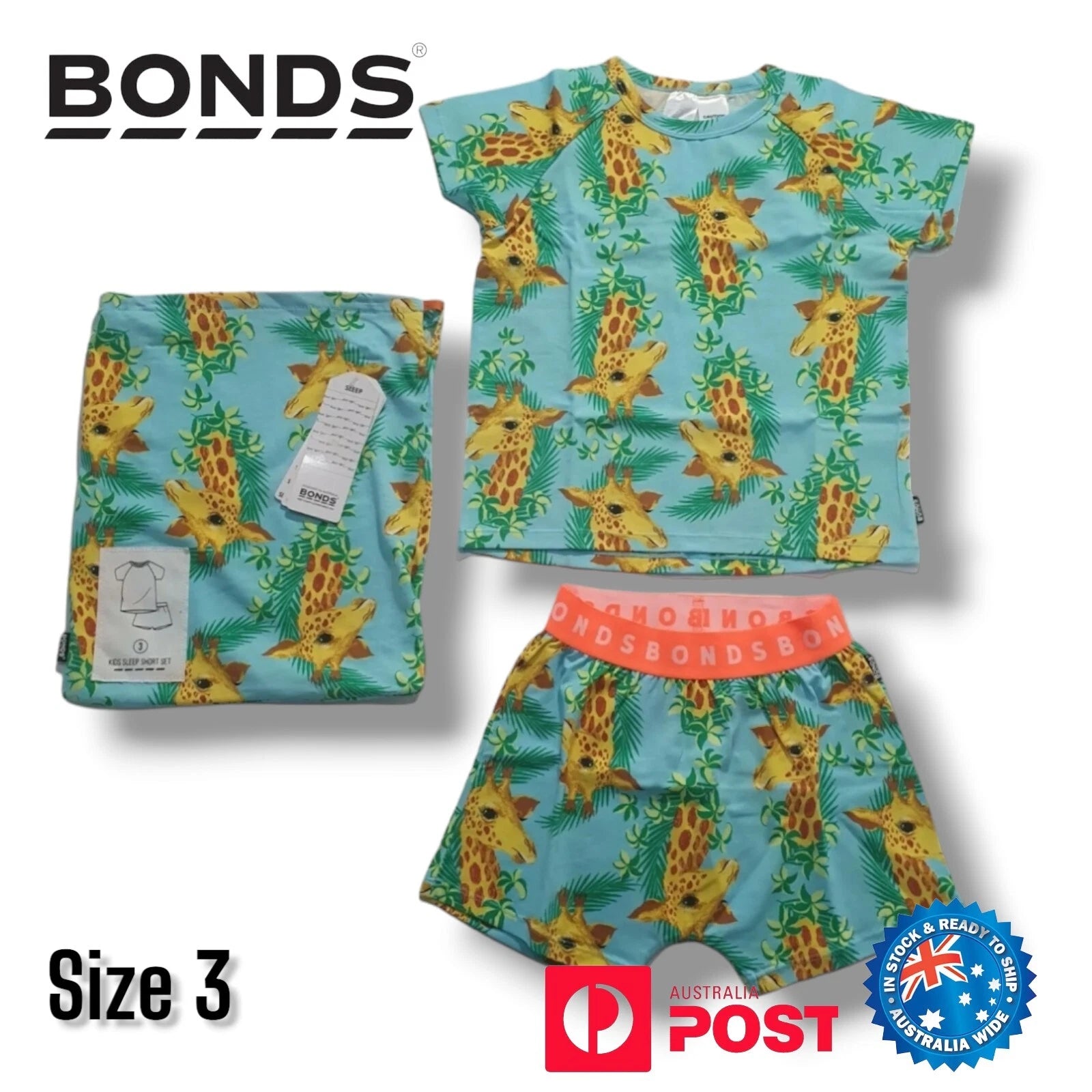 Bonds Baby Kids Sleep Short PJ Set Size 3 Unisex Boy Girl Blue Giraffe