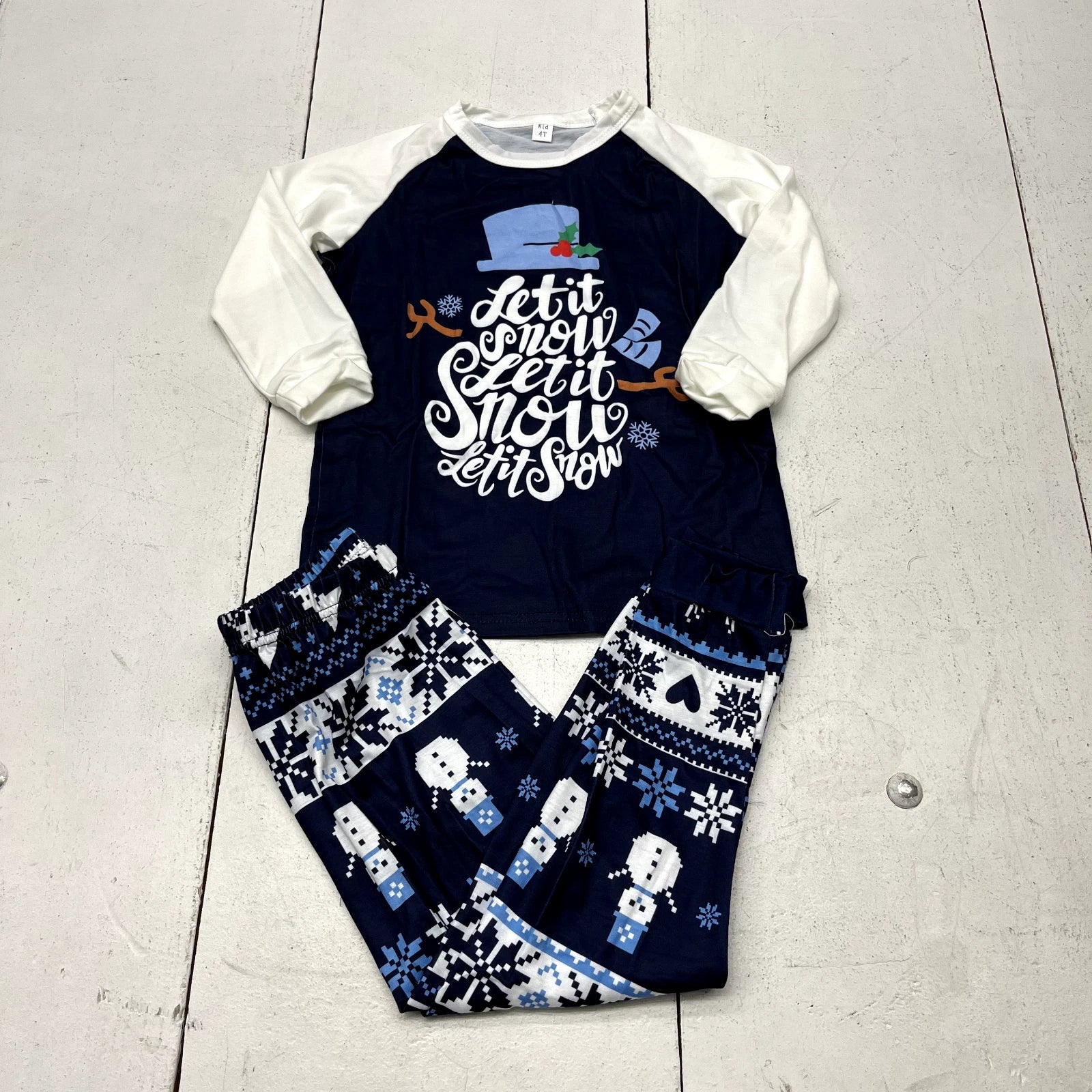 Blue "Let It Snow" Graphic Print 2 Piece Long Sleeve Pajama Set Kids Size 4T NEW