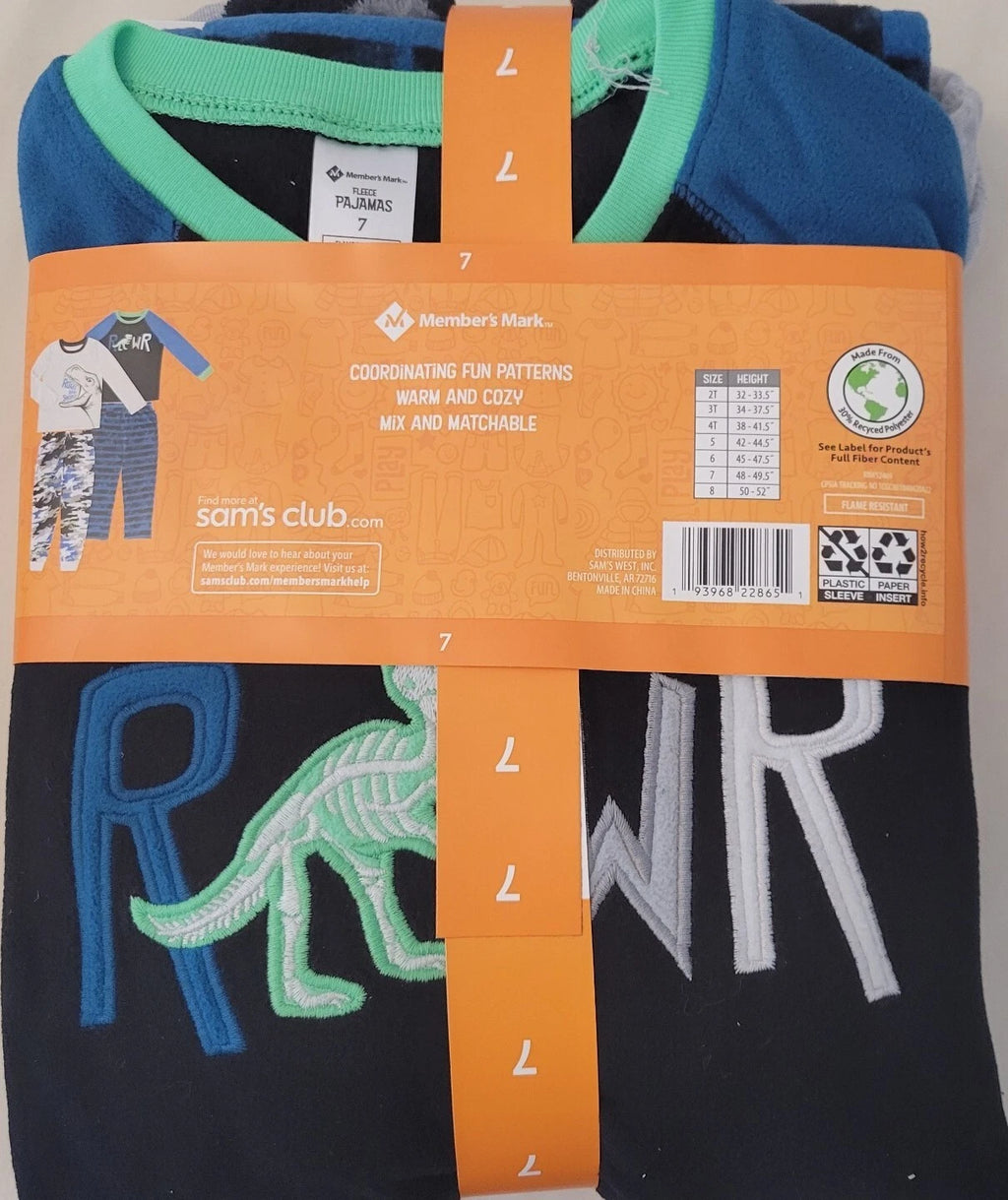 MEMBER'S MARK Boys' 4 Piece Fleece PJ Set In Dino, 7