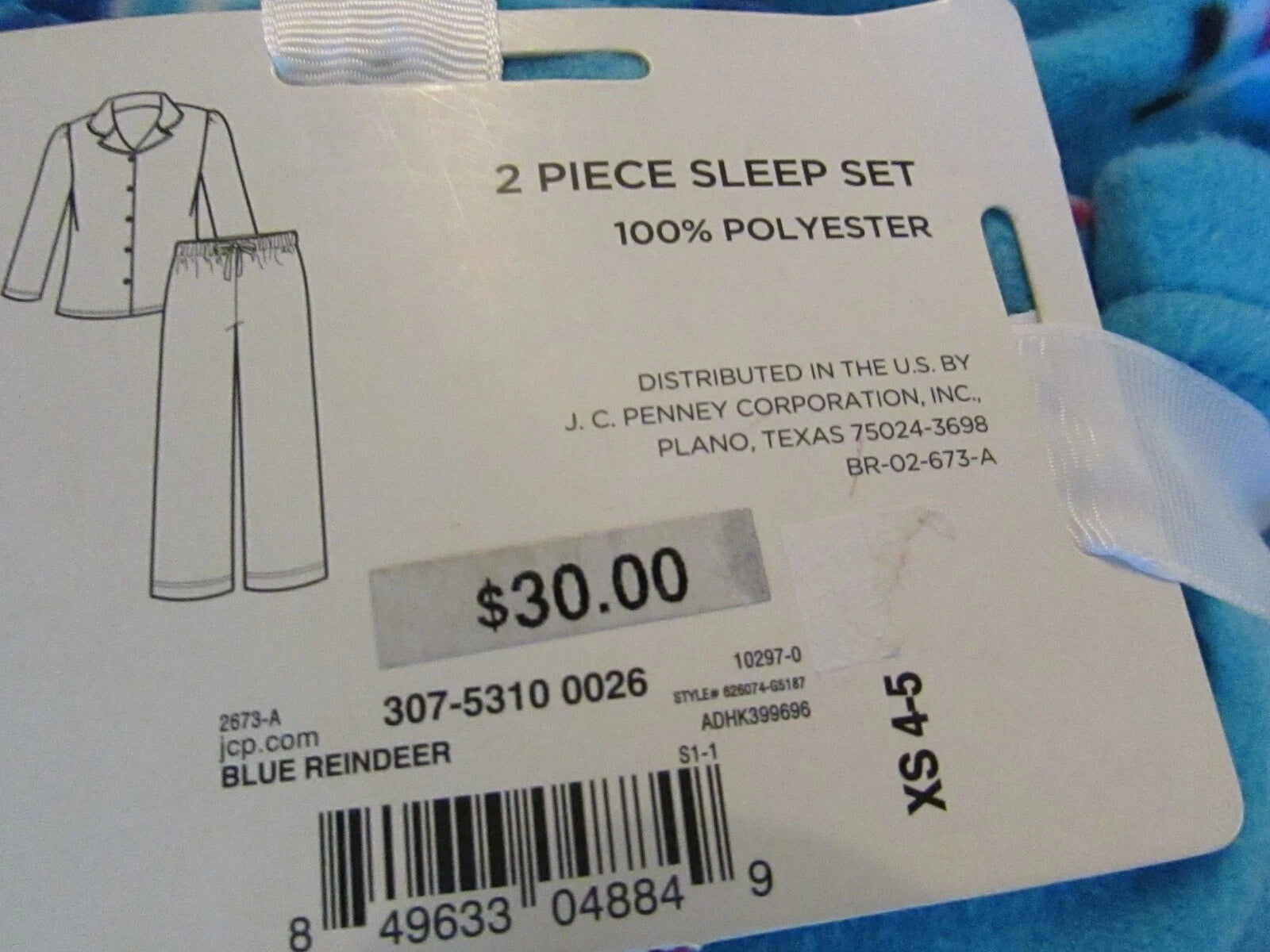 TOTAL GIRL 2 Piece Sleep Pajama Set "BLUE REINDEER  Size XS 4-5 NWT