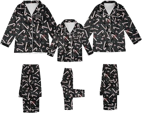 Candy Cane Christmas Black Satin Girls Kids Sz EU 130 6-8  Pajama Set NWOT
