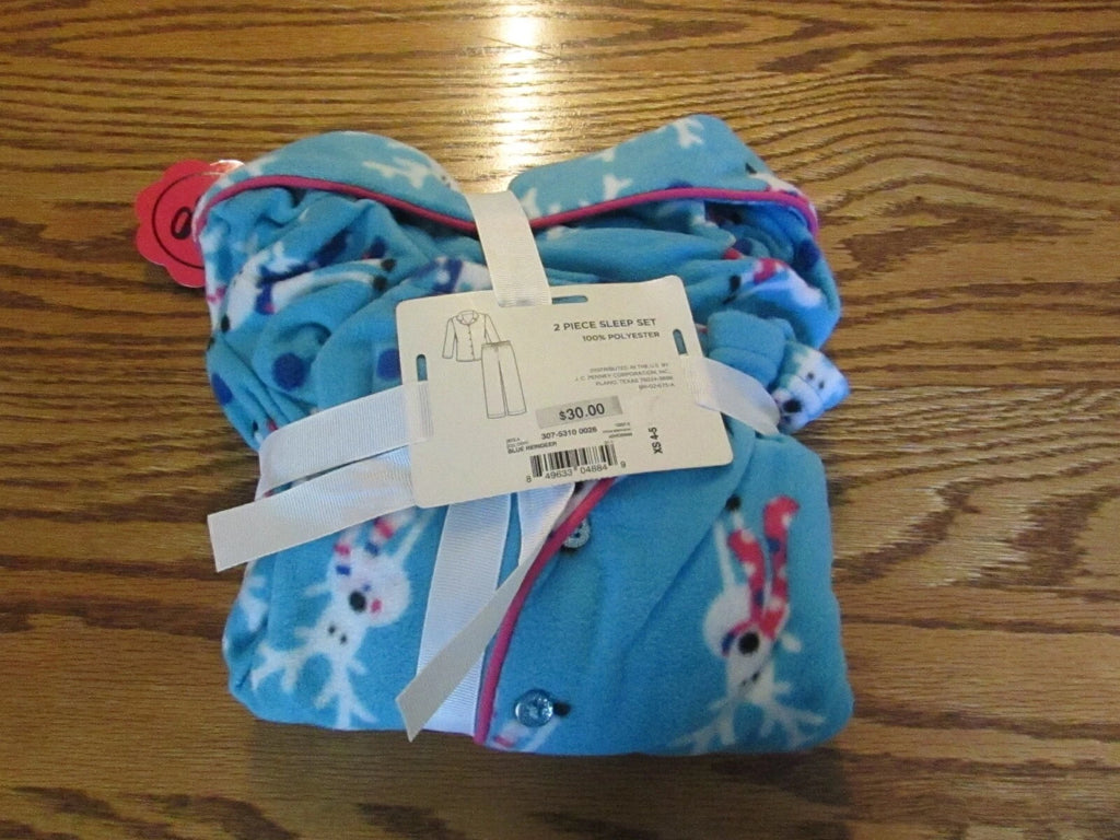 TOTAL GIRL 2 Piece Sleep Pajama Set "BLUE REINDEER  Size XS 4-5 NWT