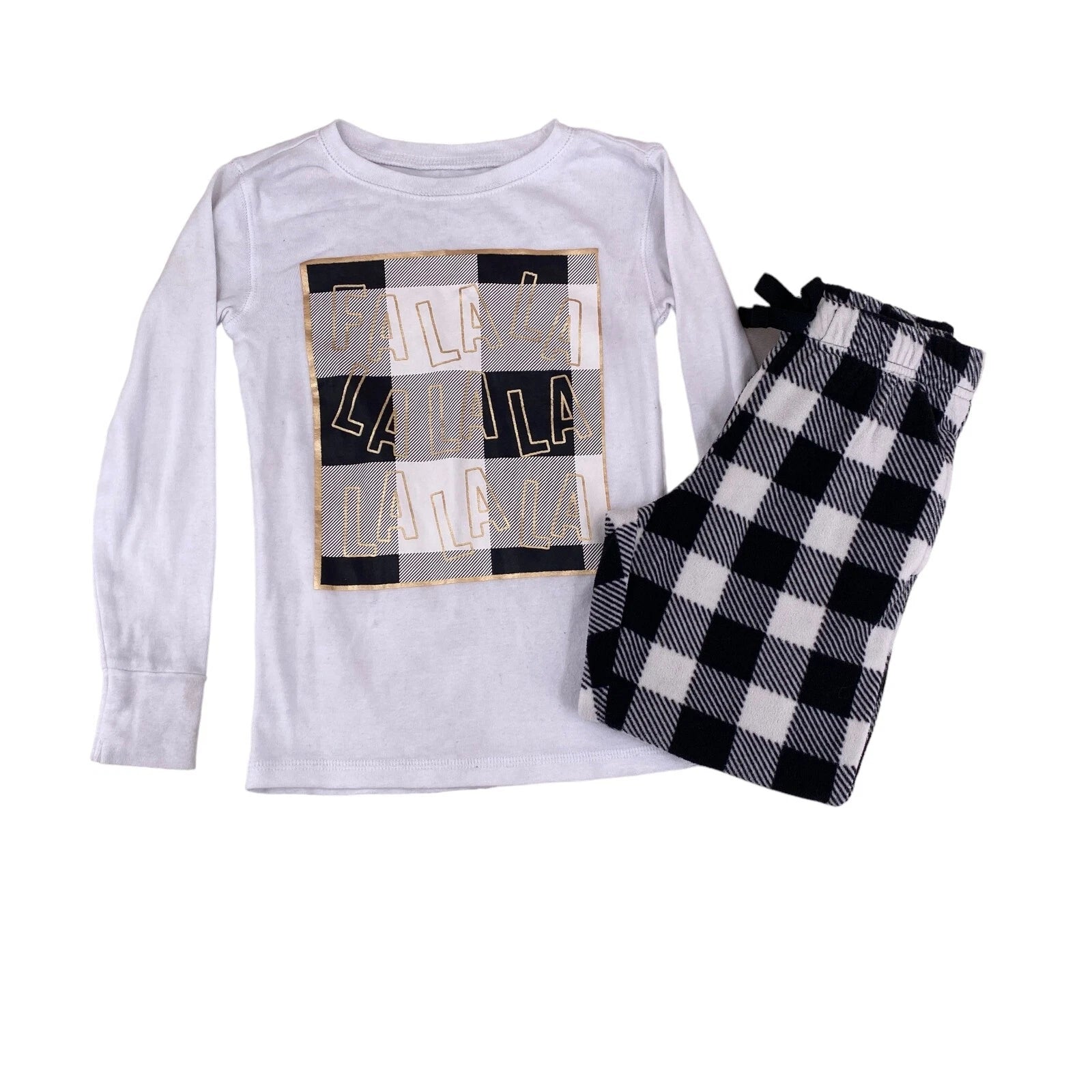 Old Navy Girls Size 6 Small Christmas Pajama Set Falala Black White Check Plaid