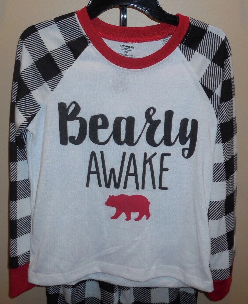 Dream Life Boys Size 4/5 Two Piece Pajama Set PJ's Black White Bearly Awake New