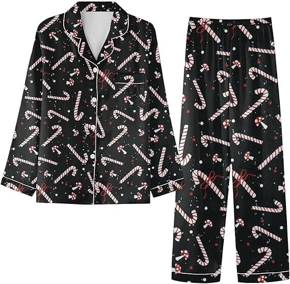 Candy Cane Christmas Black Satin Girls Kids Sz EU 130 6-8  Pajama Set NWOT