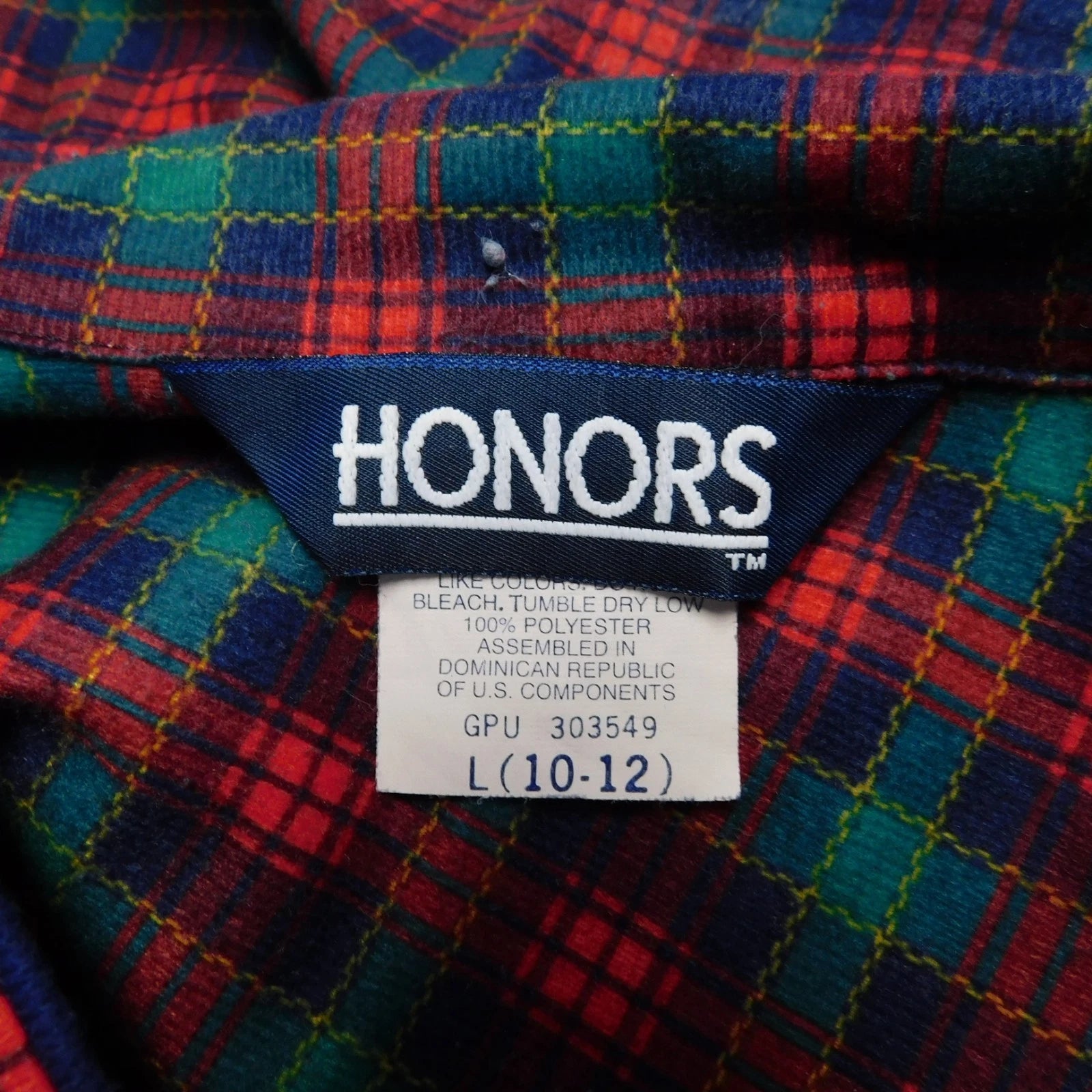 Honors Kid's Christmas Plaid Notch Collar Flannel Pajama Set 10-12 Large #5230