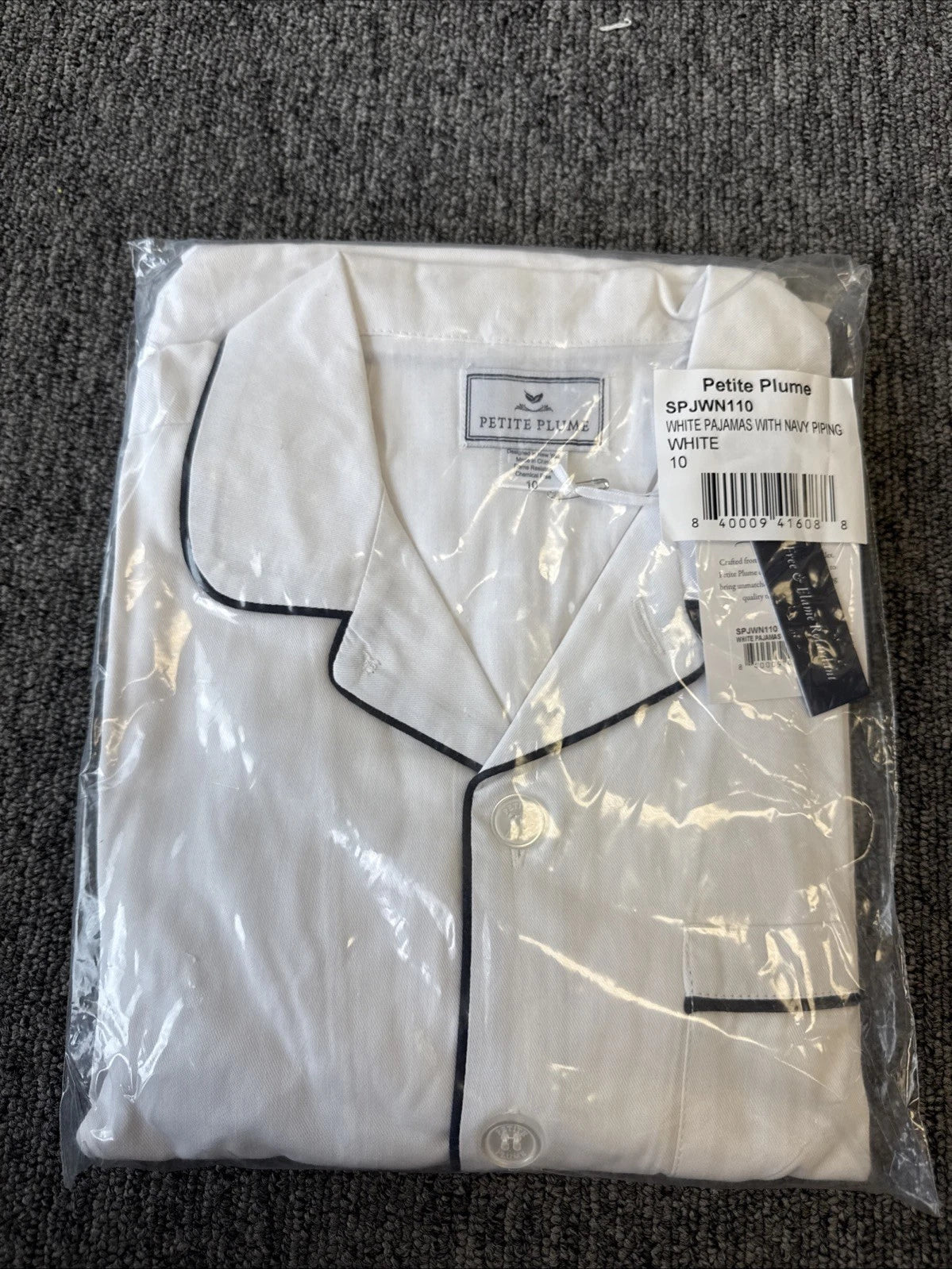 Petite Plume Kids White Pajamas Wt Navy Piping Size 10