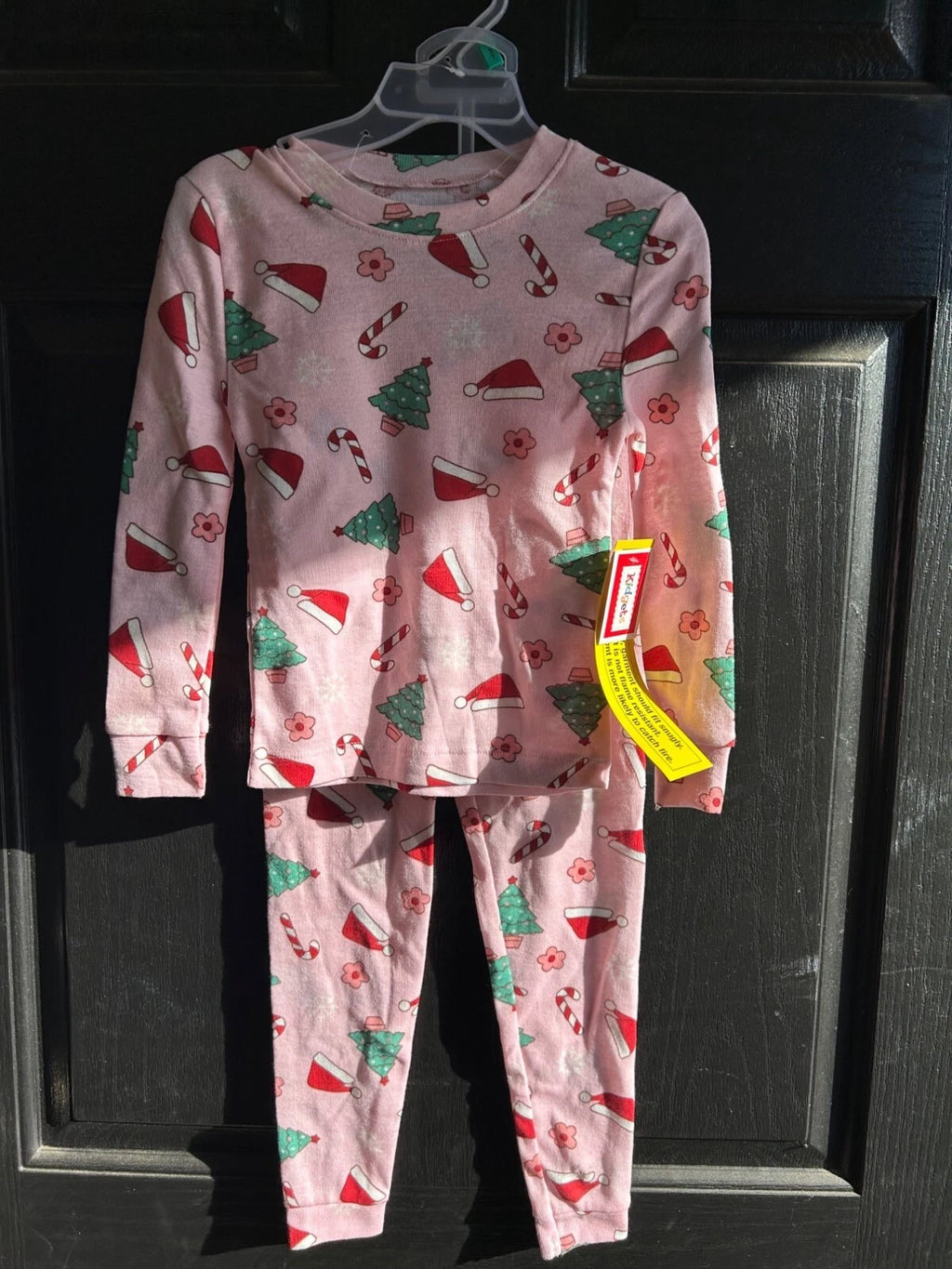 Kids Holiday Pajama Set Pink Christmas Santa Hats Trees Candy Canes Flowers 2T