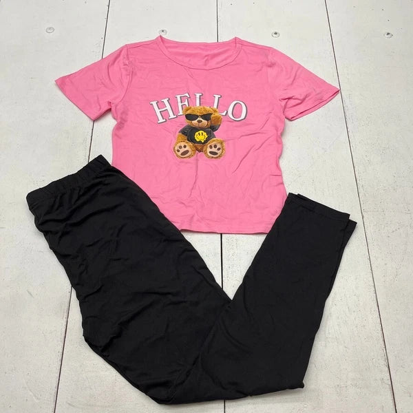Pink & Black "Hello" Graphic Print Short Sleeve Pajama Set Girls Size Large NEW