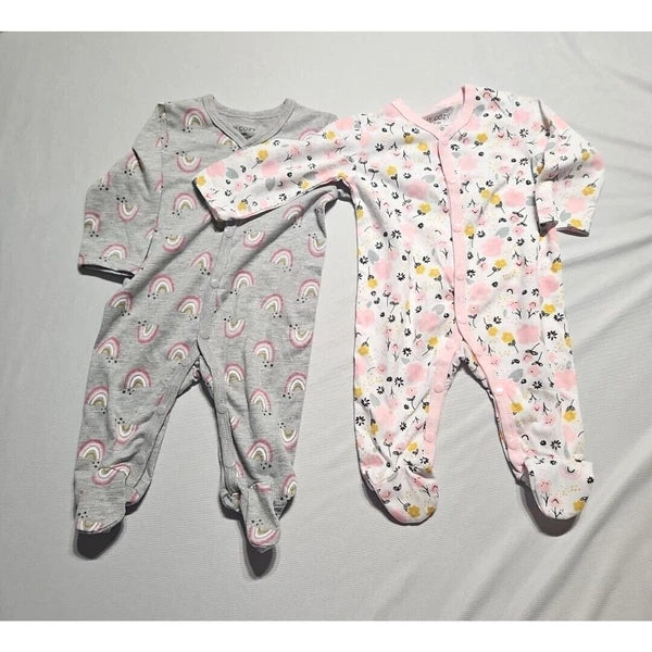 JY Cozy Baby Girl Footie Pajamas 0-3M Floral and Rainbows