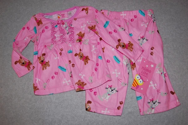 Toddler Baby Girls Pajama Set FLANNEL L/S Pink PUPPY DOGS CATS Ruffle Top 12 Mo