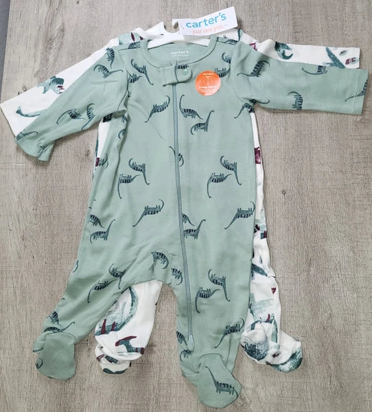Carter's Baby Boy or Girl Dinosaur Footed 1-Piece Zip Pajamas Set of 2 - 3M NWT